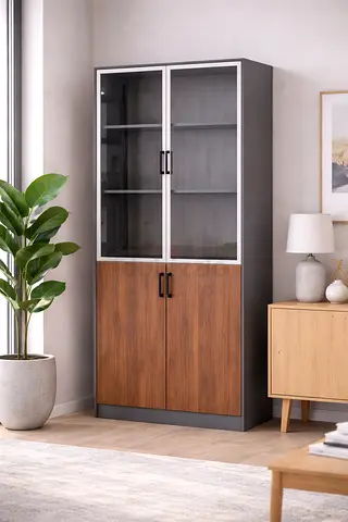 Modern 2 Door Glass Bookshelf Cabinet – Wooden Storage Bookcase Organizer for Home  Office UAE