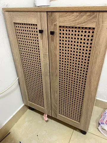 Two-door Rattan Front Wooden Storage Cabinet - Light Oak