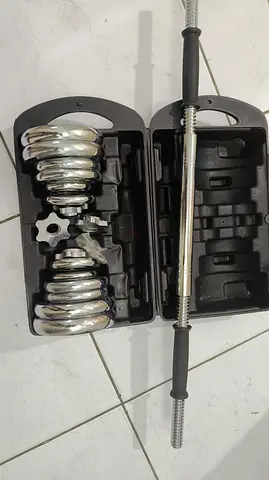 Adjustable chrome dumbbell and barbell set with carrying case - used 20kg