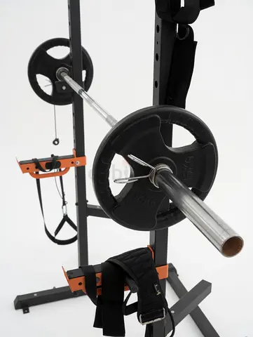 Barbell with Weight Plates and Squat Rack Attachments - Good Condition