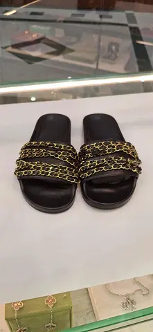 Black Leather Slides with Gold Chain Detail - Size Unknown