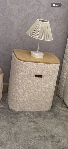 Small boucle bedside table with wood top storage