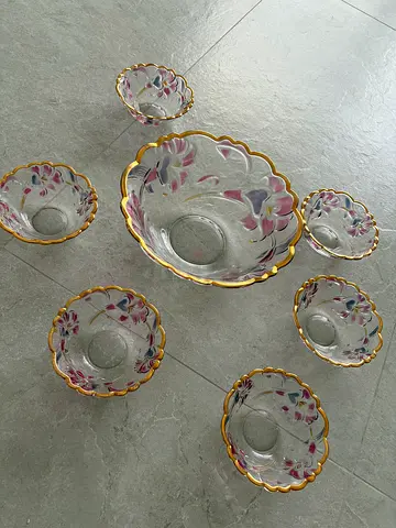 Set of 7 Decorative Glass Bowls with Floral Design and Gold Trim