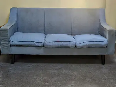 Blue 3-Seater Fabric Sofa — Compact Mid-Century Style