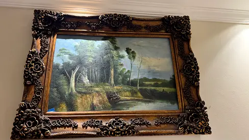 Framed Vintage Landscape Oil Painting with Ornate Carved Frame