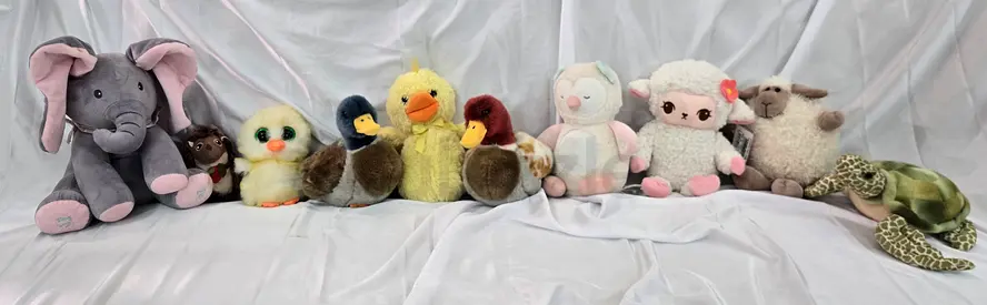 Lot of 10 Plush Soft Stuffed Animals — Mixed Sizes, Good Condition