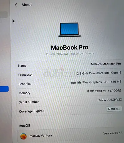 MacBook Pro 13-inch (2017) - Intel i5, 8GB RAM, macOS Ventura