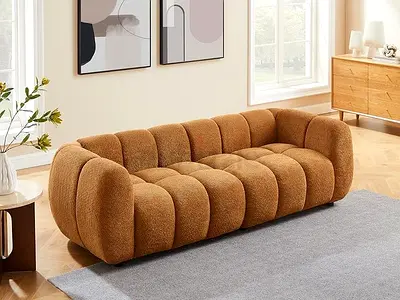 Three-Seater Tufted Curved Sofa in Brown Bouclé