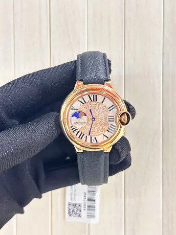 Cartier-style Womens Gold Moonphase Watch with Black Leather Strap