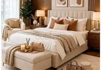 New King Size Upholstered Bed with Headboard  (Beige)
