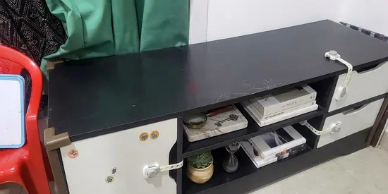Low TV Cabinet / Media Unit - Black Top with White Drawers, Good Condition