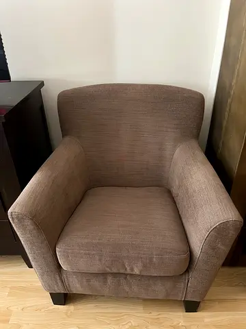 Comfortable Brown Fabric Armchair with Wooden Legs