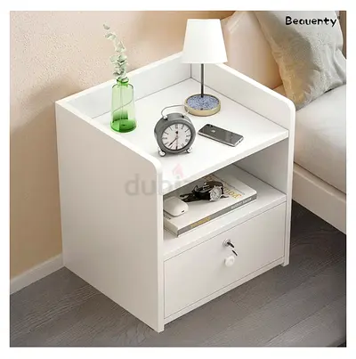 White Wooden Bedside Nightstand with Drawer and Shelf