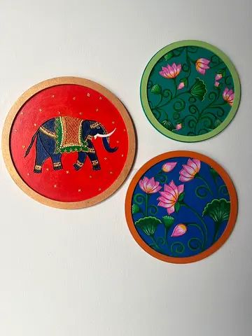 Set of 3 Hand-Painted Round Wall Plaques — Elephant  Lotus Motifs