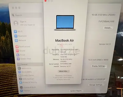 MacBook Air 13-inch (2019) - 16GB RAM, 256GB SSD, macOS Sonoma