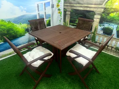 Outdoor wooden 4 seater folding dining table with folding chairs for garden  balcony  With cushions