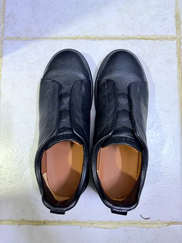 Black Leather Slip-On Sneakers — Comfortable Casual Shoes, Gently Used