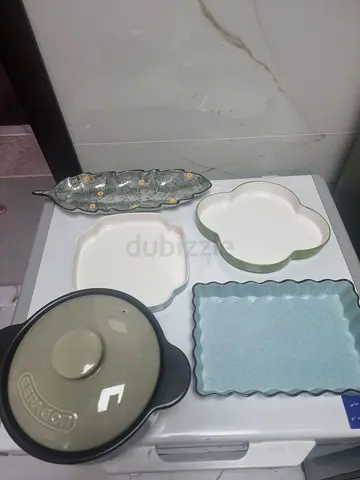 Set of Decorative Ceramic Serving Plates and Bowl - Light Blue/Beige