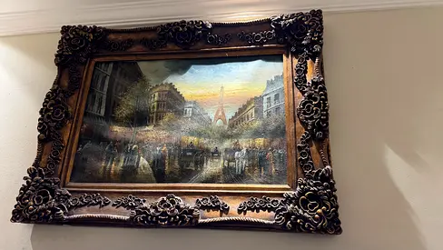 Framed Vintage Paris Street Scene Oil Painting with Ornate Carved Frame