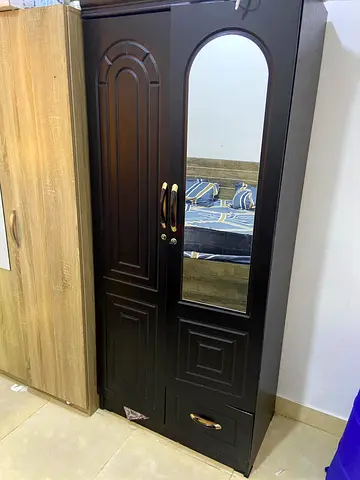 Dark Brown 2-Door Wardrobe with Mirror and Bottom Drawer