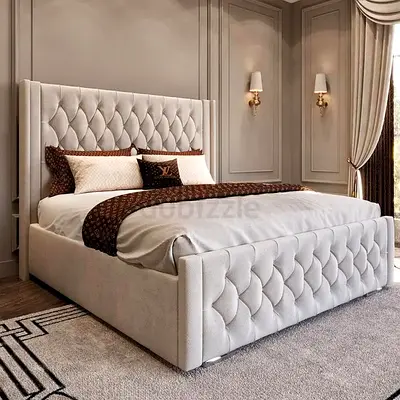 Tufted Upholstered queen Size Bed with High Headboard - Cream