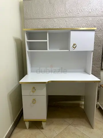 White and Gold Study Desk with Shelves and Drawers