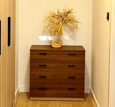 Compact 4-Drawer Wooden Chest — Walnut Finish