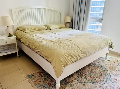 White Wooden Queen Bed Frame with side tables - Good Condition