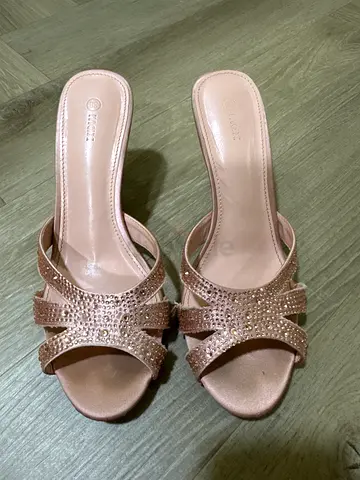 Light pink rhinestone slip-on womens sandals, gently used- heel