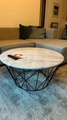 Round Marble Top Coffee Table with Geometric Metal Base