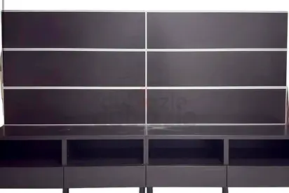 Modern dark wood TV entertainment unit with shelving and storage