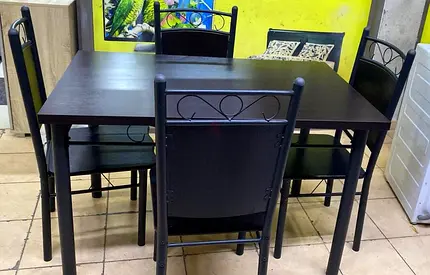 Dark Wood Dining Table with 4 Metal-Frame Chairs