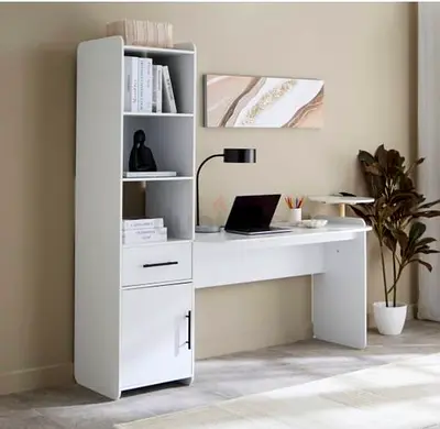 Home Box White Study Desk with Attached Bookshelf and Storage Cabinet