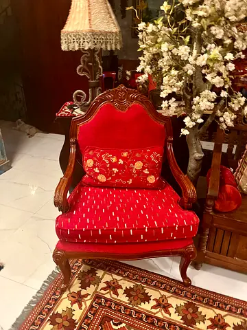 Vintage x2 Carved Wood Armchairs with Red Upholstery