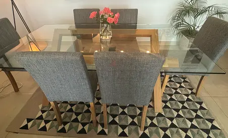Glass Top Dining Table with 6 Upholstered Chairs