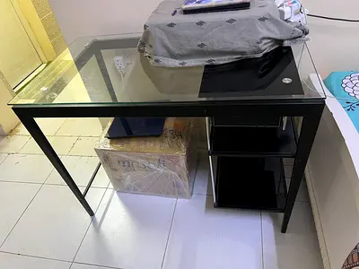 Glass Top Study/Computer Desk with Side Shelves - Black