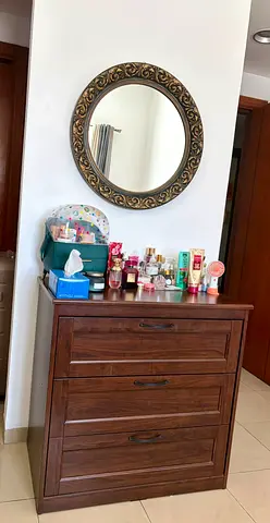 Bed Set Wooden 3-Drawer Compact Dresser with Round Wall Mirror