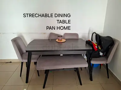 Stretchable Dining Table with 4 Chairs and Bench - Gray Finish