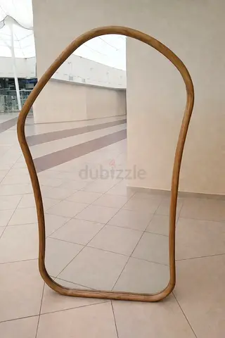 Full-Length Curved Rattan Framed Floor Mirror - Natural Finish