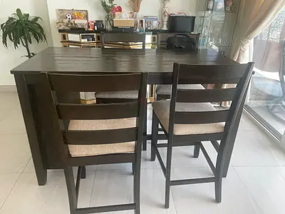 Solid Wood 4-Seater Dining Table with Chairs - Dark Finish plus bar table
