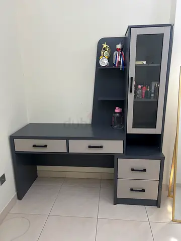 L-shaped Study Desk with Shelves and Drawers - Grey/Beige