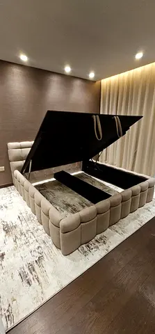 King-size storage bed with upholstered tufted frame - beige