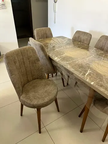 Dining table set with 6 upholstered chairs and round stool — used, good condition