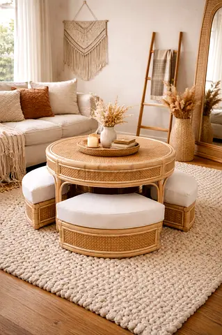 Round Rattan Coffee Table with 4 Pull-Out Stools