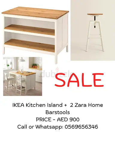 OFFER OPEN TILL 26th April- IKEA Kitchen Island with 2 Zara Home Barstools - White/Oak
