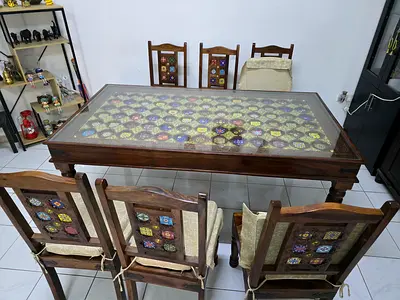Solid Wood Dining Table with 6 Decorative Tile-Back Chairs