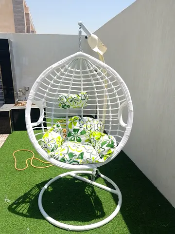 White Rattan Hanging Egg Chair with Stand and Cushions