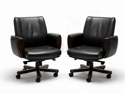 Pair of Black Leather Swivel Office Chairs with Wood Accent  urgent