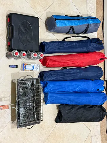 Lot of 6 Foldable Camping Chairs with Portable BBQ Grill and Gas Canisters