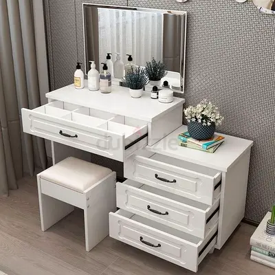 White Wooden Dressing Table Vanity with Mirror and Stool